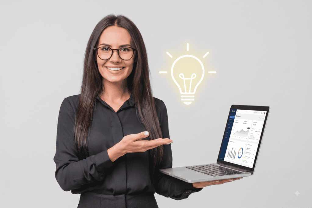 A lady is holding a laptop
