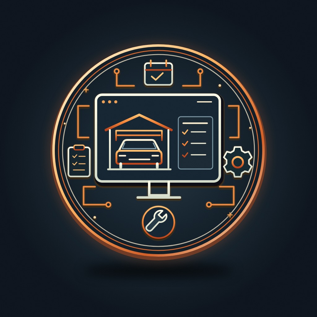 Shop management software illustrated with a vehicle service bay, job checklist, calendar and wrench
