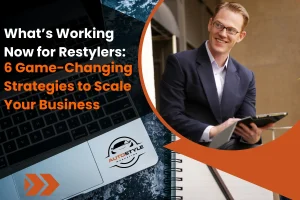 Six marketing strategies for restylers graphic with a man holding a tablet